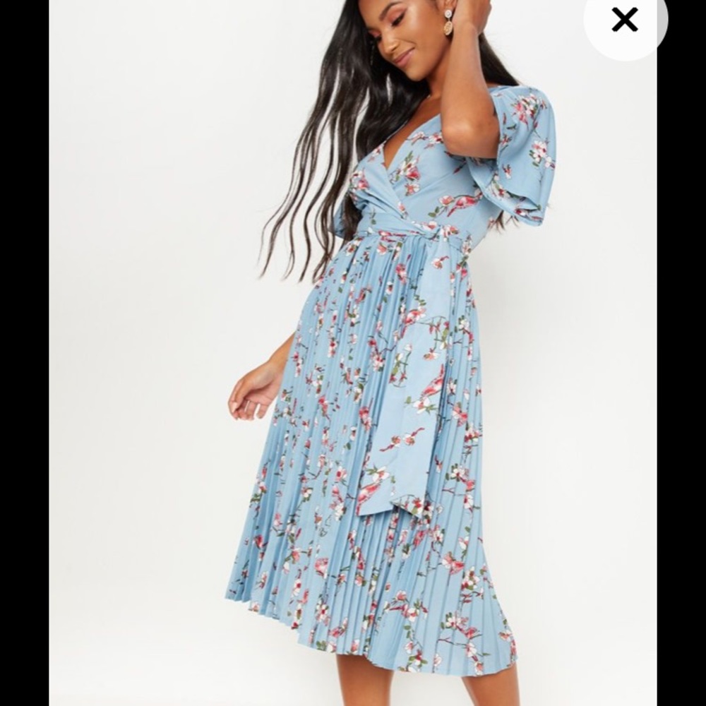 Dusty Blue Floral Pleated Midi Dress